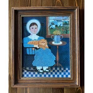 Charles Wysocki Vintage Folk Art Print Framed Girl with Cat Americana 10x12